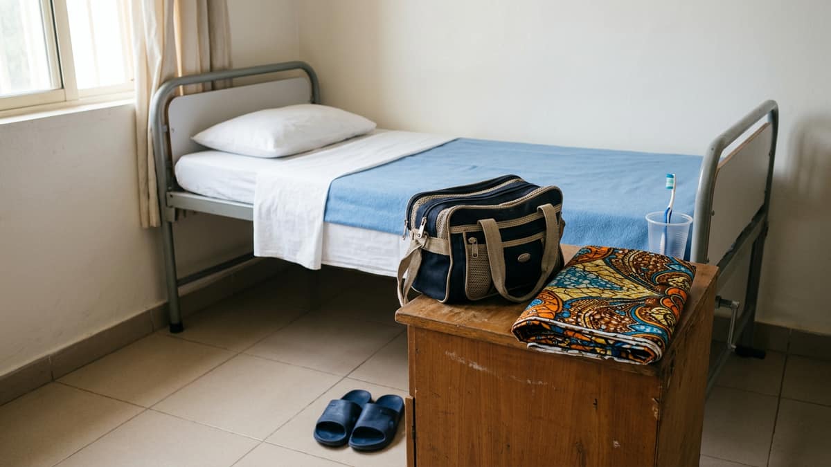 A small overnight bag, a folded wrapper and slippers at the foot of a hospital bed