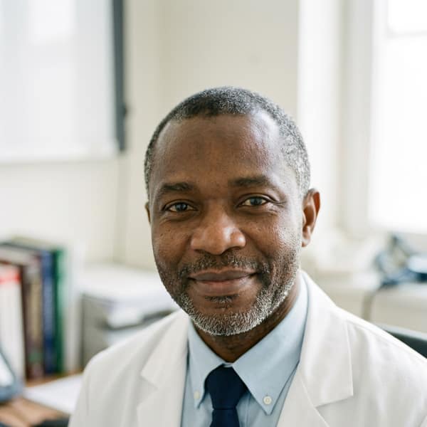 A doctor in a white coat and tie
