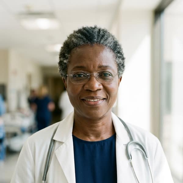 A doctor in a white coat, smiling