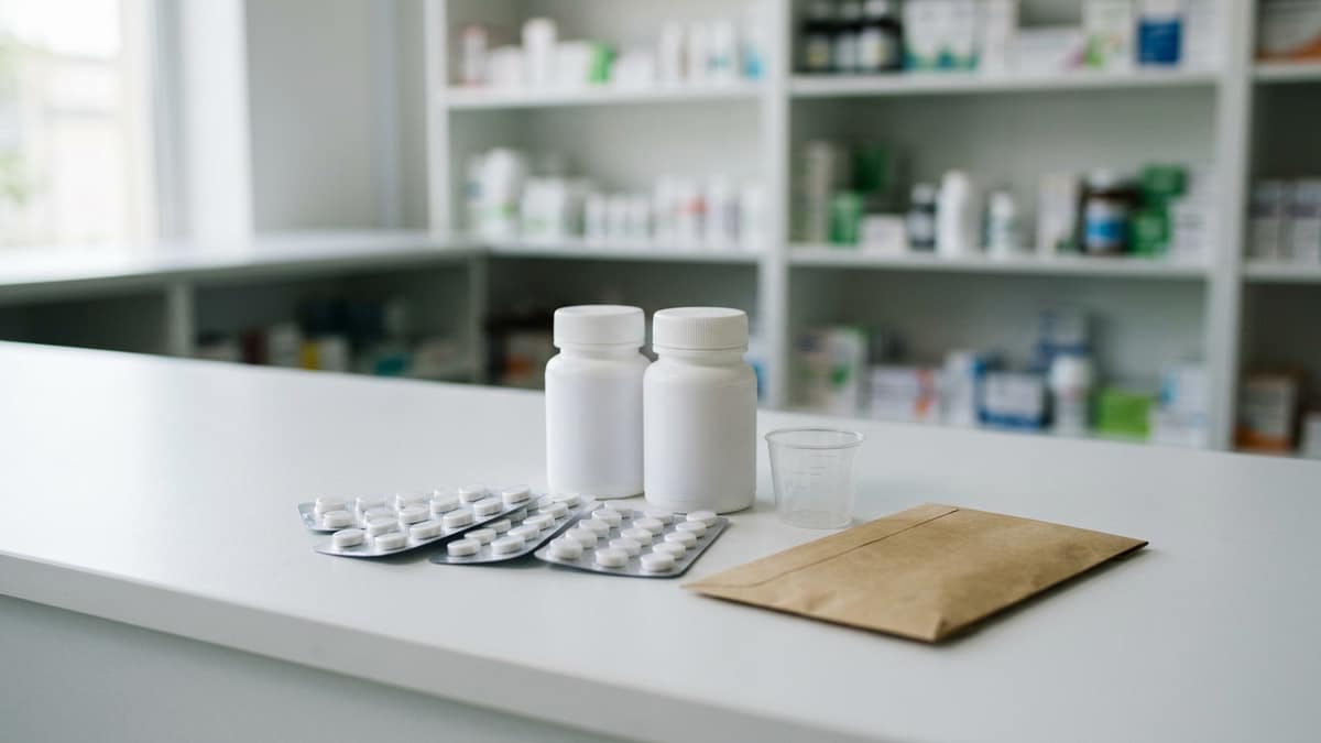 Packs of tablets and a measuring cup on a pharmacy counter