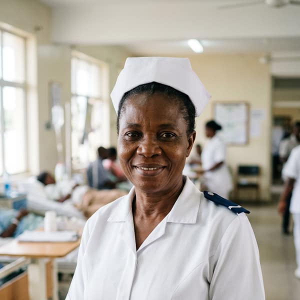 A senior nurse in a white uniform and cap